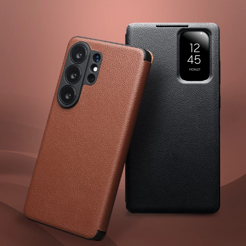 Galaxy S26 Ultra Case Hülle - Flip Qialino Ultra Smart Echtes Leder - Schwarz
