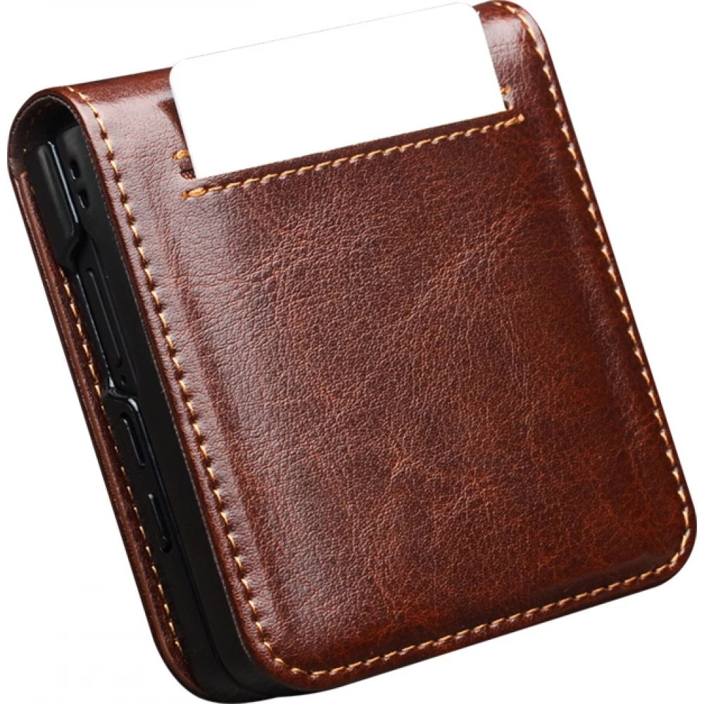 Coque Samsung Galaxy Z Flip8 - Flip Qialino classique cuir v&eacute;ritable avec fermeture magn&eacute;tique - Brun