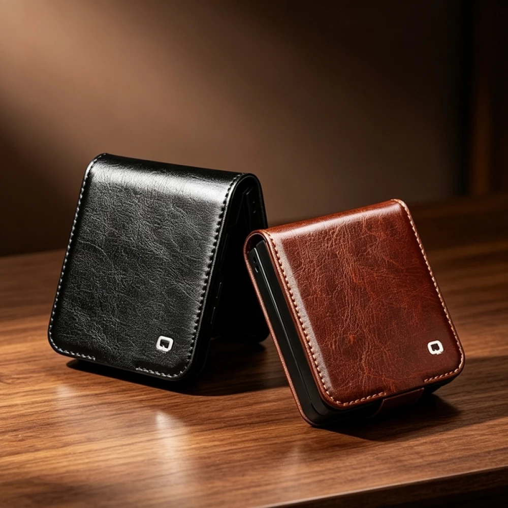 Coque Samsung Galaxy Z Flip8 - Flip Qialino classique cuir v&eacute;ritable avec fermeture magn&eacute;tique - Brun