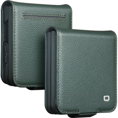 Coque Samsung Galaxy Z Flip8 - Flip Qialino Full grain Wallet cuir v&eacute;ritable mat avec fermeture magn&eacute;tique - Cyan