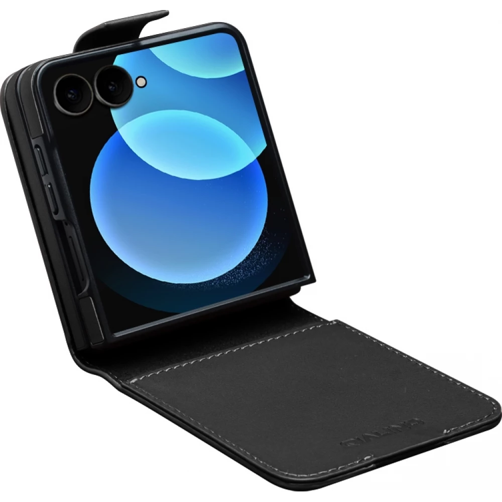 Coque Samsung Galaxy Z Flip8 - Flip Qialino Full grain Wallet cuir v&eacute;ritable mat avec fermeture magn&eacute;tique - Noir