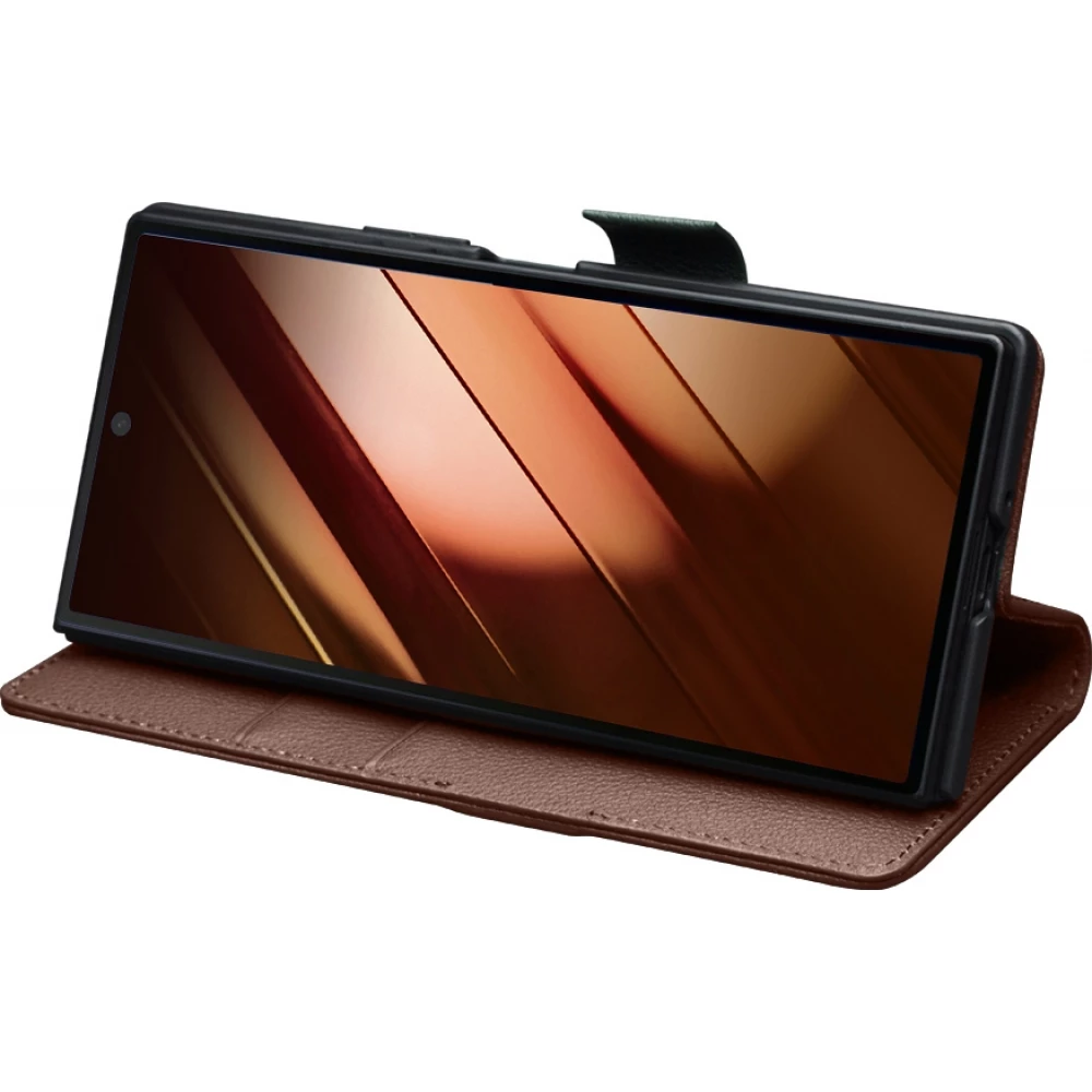 Coque Samsung Galaxy Z Fold7 - Flip Qialino Full grain Wallet cuir véritable mat avec fermeture magnétique - Brun