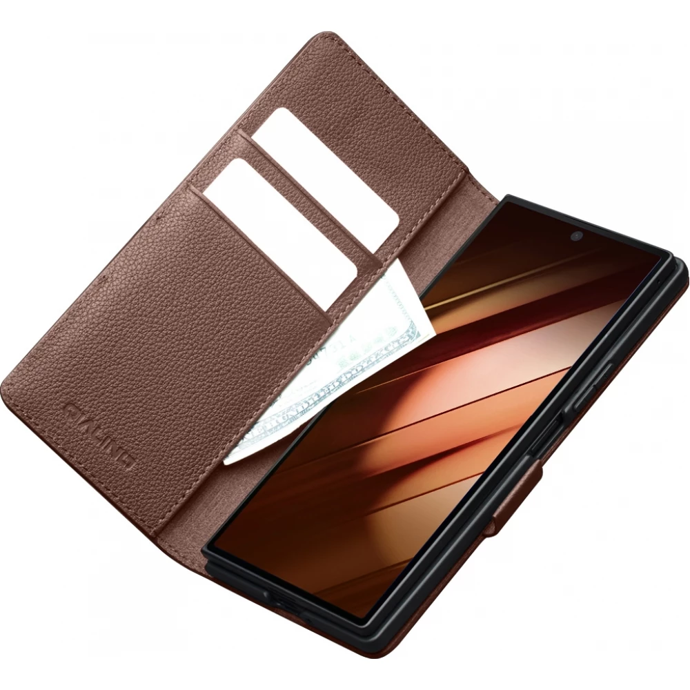 Coque Samsung Galaxy Z Fold7 - Flip Qialino Full grain Wallet cuir véritable mat avec fermeture magnétique - Brun
