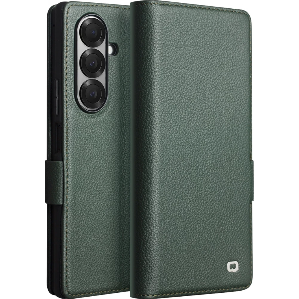 Coque Samsung Galaxy Z Fold7 - Flip Qialino Full grain Wallet cuir véritable mat avec fermeture magnétique - Vert