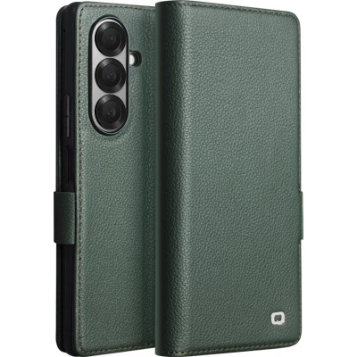 Coque Samsung Galaxy Z Fold7 - Flip Qialino Full grain Wallet cuir véritable mat avec fermeture magnétique - Vert