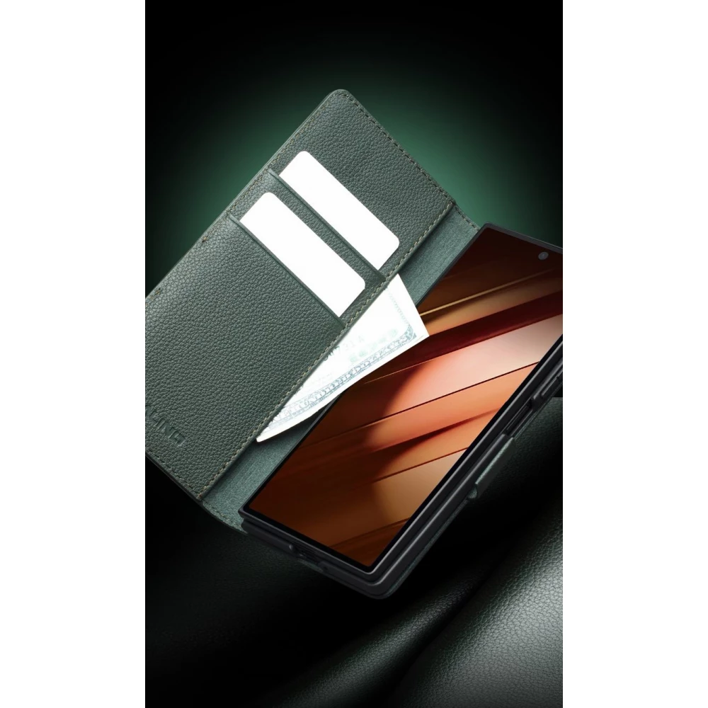 Coque Samsung Galaxy Z Fold7 - Flip Qialino Full grain Wallet cuir véritable mat avec fermeture magnétique - Vert