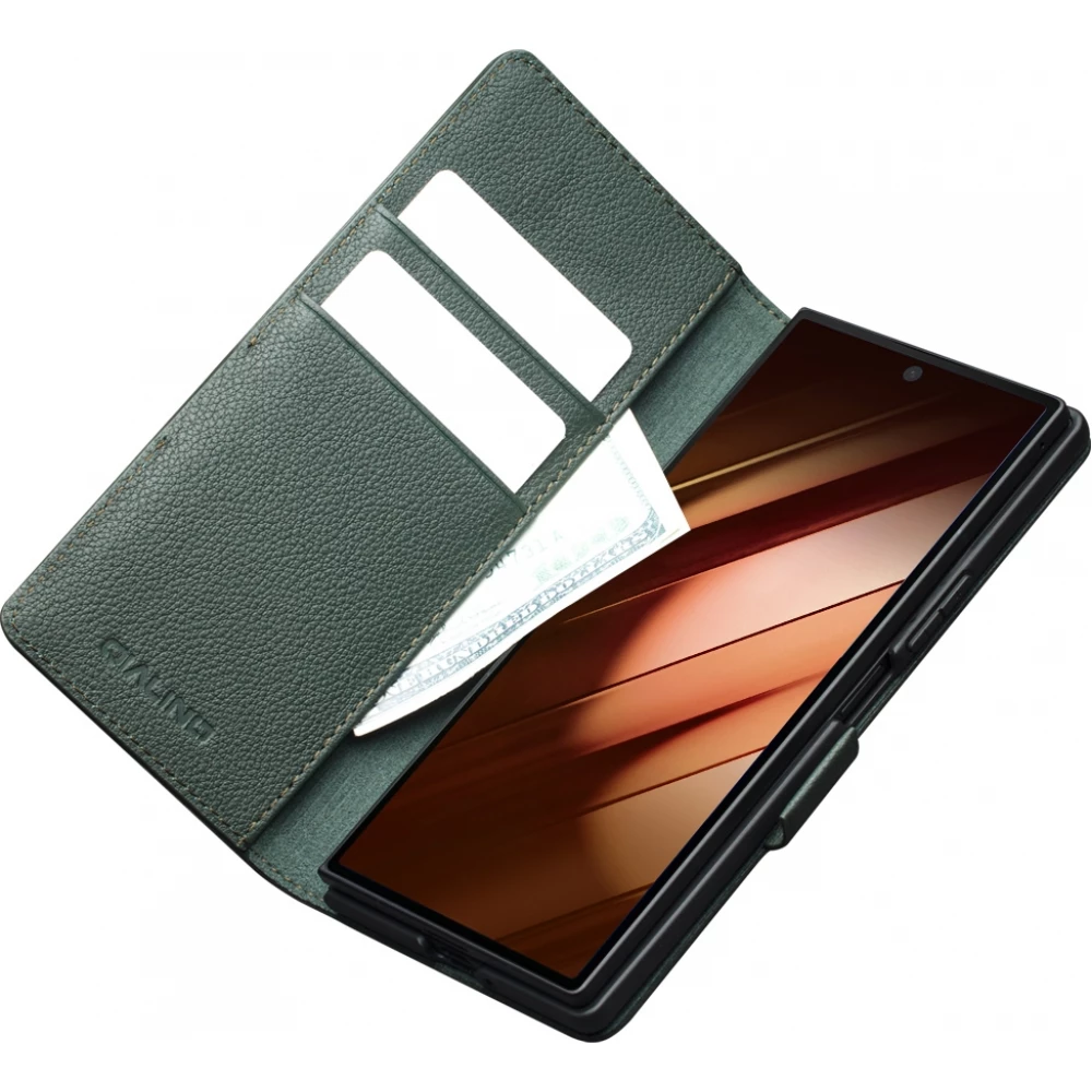 Coque Samsung Galaxy Z Fold7 - Flip Qialino Full grain Wallet cuir véritable mat avec fermeture magnétique - Vert