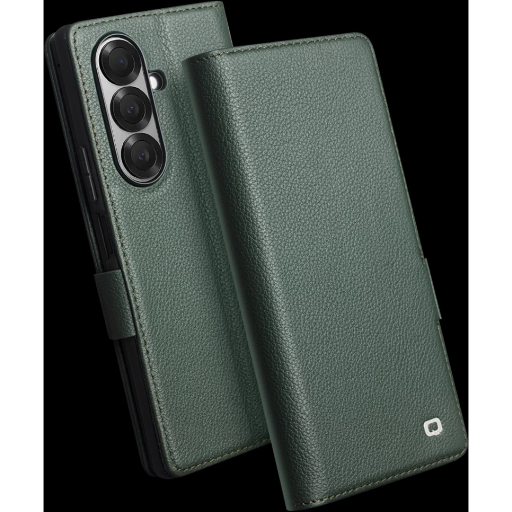 Coque Samsung Galaxy Z Fold7 - Flip Qialino Full grain Wallet cuir véritable mat avec fermeture magnétique - Vert