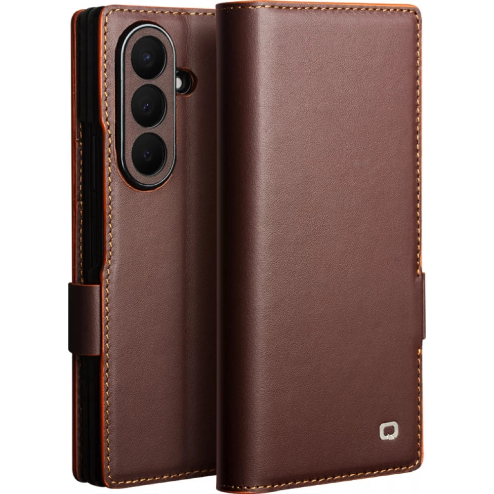 Coque Samsung Galaxy Z Fold8 Ultra - Flip Qialino Full grain Wallet cuir véritable mat avec fermeture magnétique - Brun