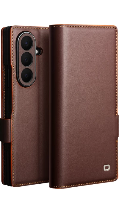 Coque Samsung Galaxy Z Fold8 Ultra - Flip Qialino Full grain Wallet cuir véritable mat avec fermeture magnétique - Brun