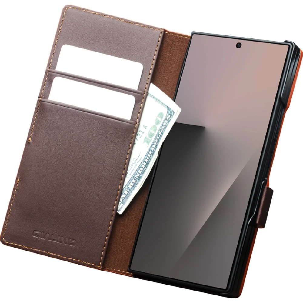 Coque Samsung Galaxy Z Fold8 Ultra - Flip Qialino Full grain Wallet cuir véritable mat avec fermeture magnétique - Brun