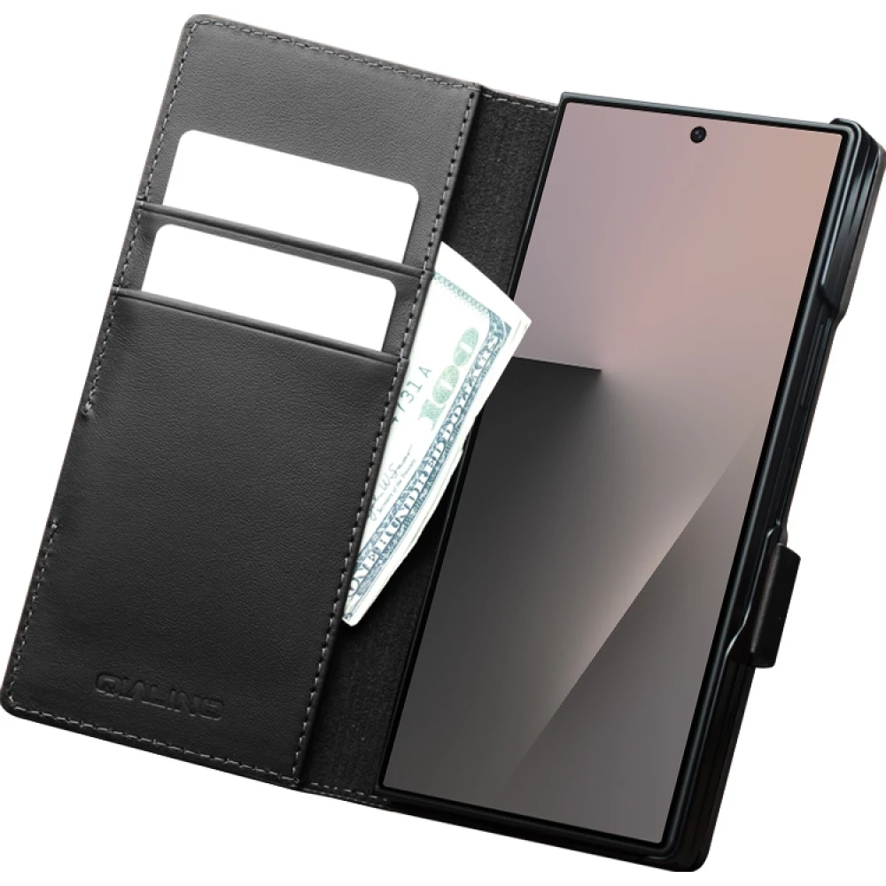 Coque Samsung Galaxy Z Fold8 Ultra - Flip Qialino Full grain Wallet cuir véritable mat avec fermeture magnétique - Noir