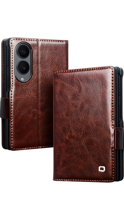 Coque Samsung Galaxy Z Fold8 Wide - Flip Qialino classique cuir v&eacute;ritable avec fermeture magn&eacute;tique - Brun