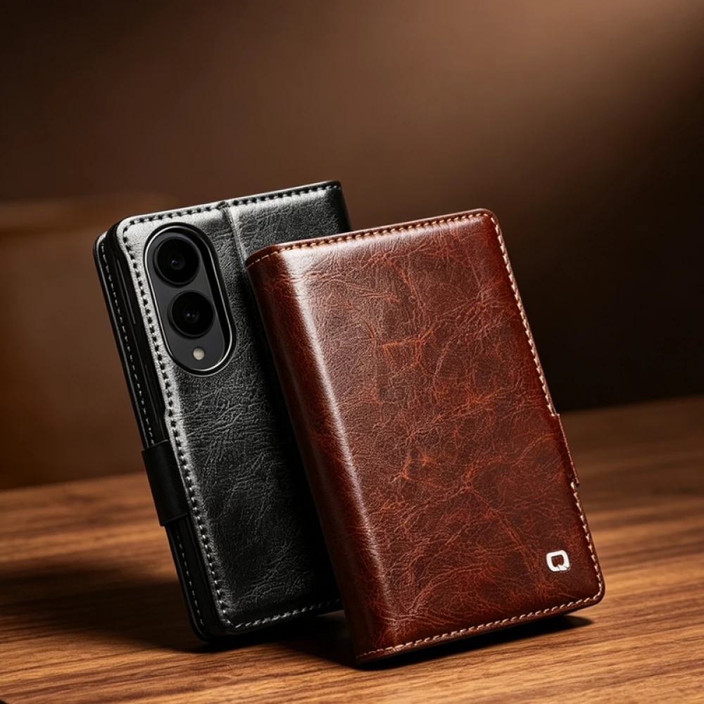 Galaxy Z Fold8 Wide Case H&uuml;lle - Qialino Klapph&uuml;lle Echtleder Magnetverschluss klassisch - Schwarz