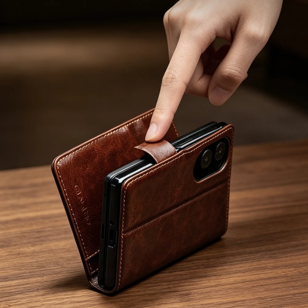 Galaxy Z Fold8 Wide Case H&uuml;lle - Qialino Klapph&uuml;lle Echtleder Magnetverschluss klassisch - Schwarz
