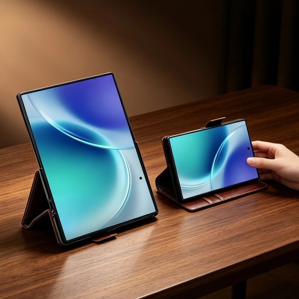 Galaxy Z Fold8 Wide Case H&uuml;lle - Qialino Klapph&uuml;lle Echtleder Magnetverschluss klassisch - Schwarz
