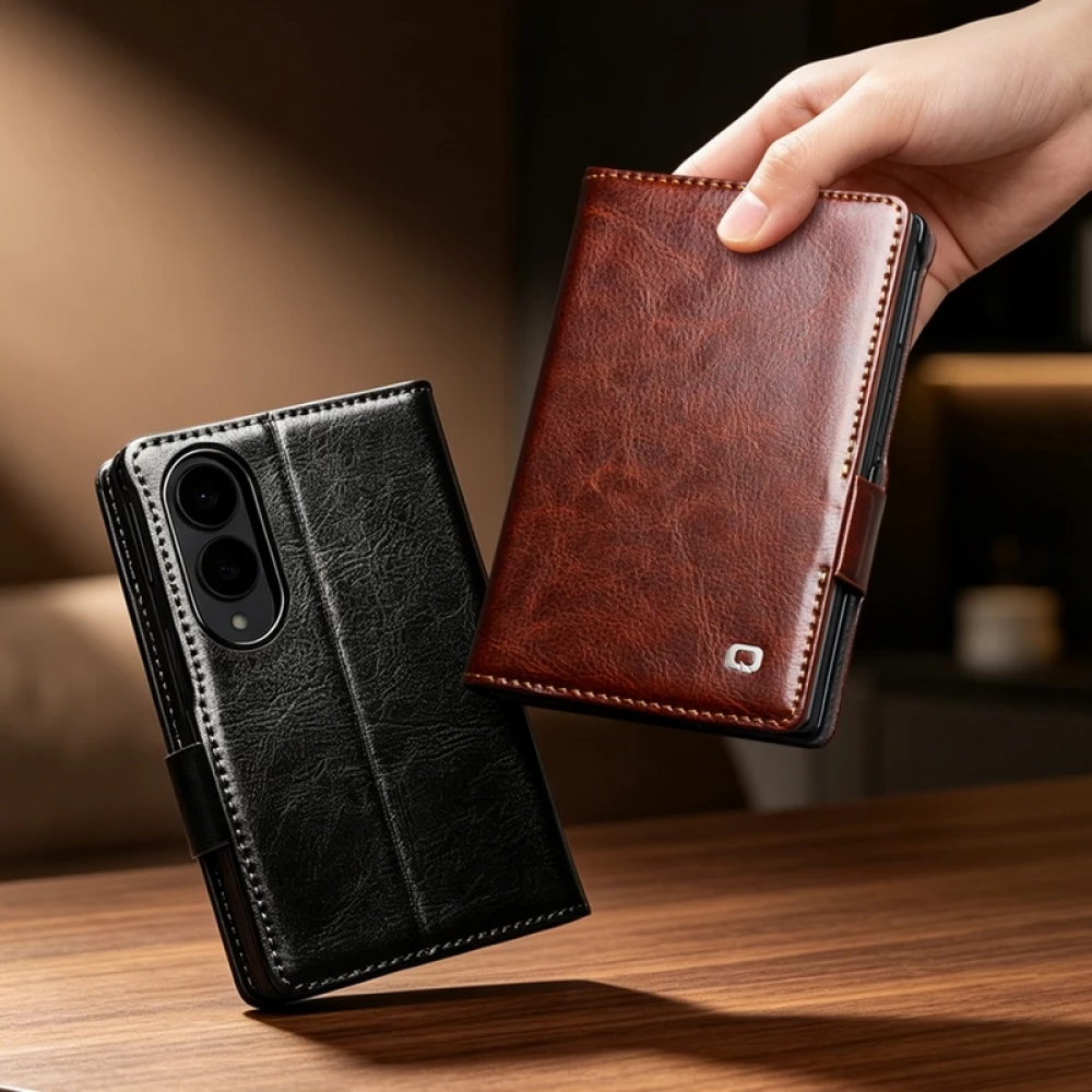 Galaxy Z Fold8 Wide Case H&uuml;lle - Qialino Klapph&uuml;lle Echtleder Magnetverschluss klassisch - Schwarz