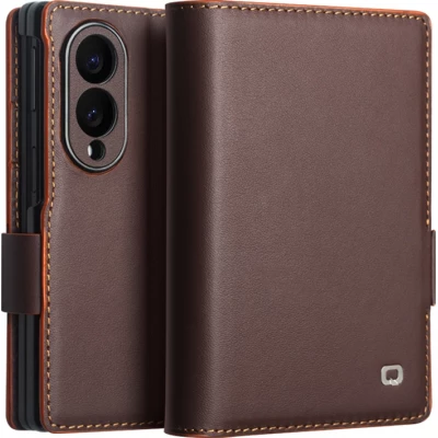 Coque Samsung Galaxy Z Fold8 Wide - Flip Qialino Full grain Wallet cuir v&eacute;ritable mat avec fermeture magn&eacute;tique - Brun