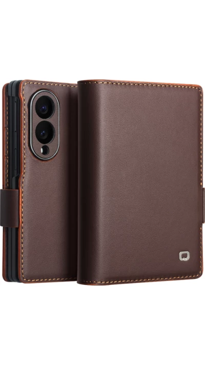 Coque Samsung Galaxy Z Fold8 Wide - Flip Qialino Full grain Wallet cuir v&eacute;ritable mat avec fermeture magn&eacute;tique - Brun