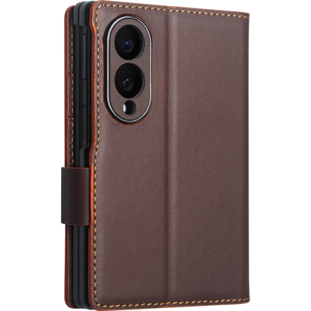Galaxy Z Fold8 Wide Case H&uuml;lle - Flip Qialino Full Grain Wallet Echtleder matt mit Magnetverschluss - Braun