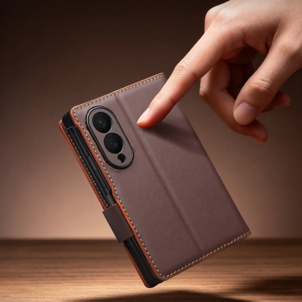 Coque Samsung Galaxy Z Fold8 Wide - Flip Qialino Full grain Wallet cuir v&eacute;ritable mat avec fermeture magn&eacute;tique - Noir