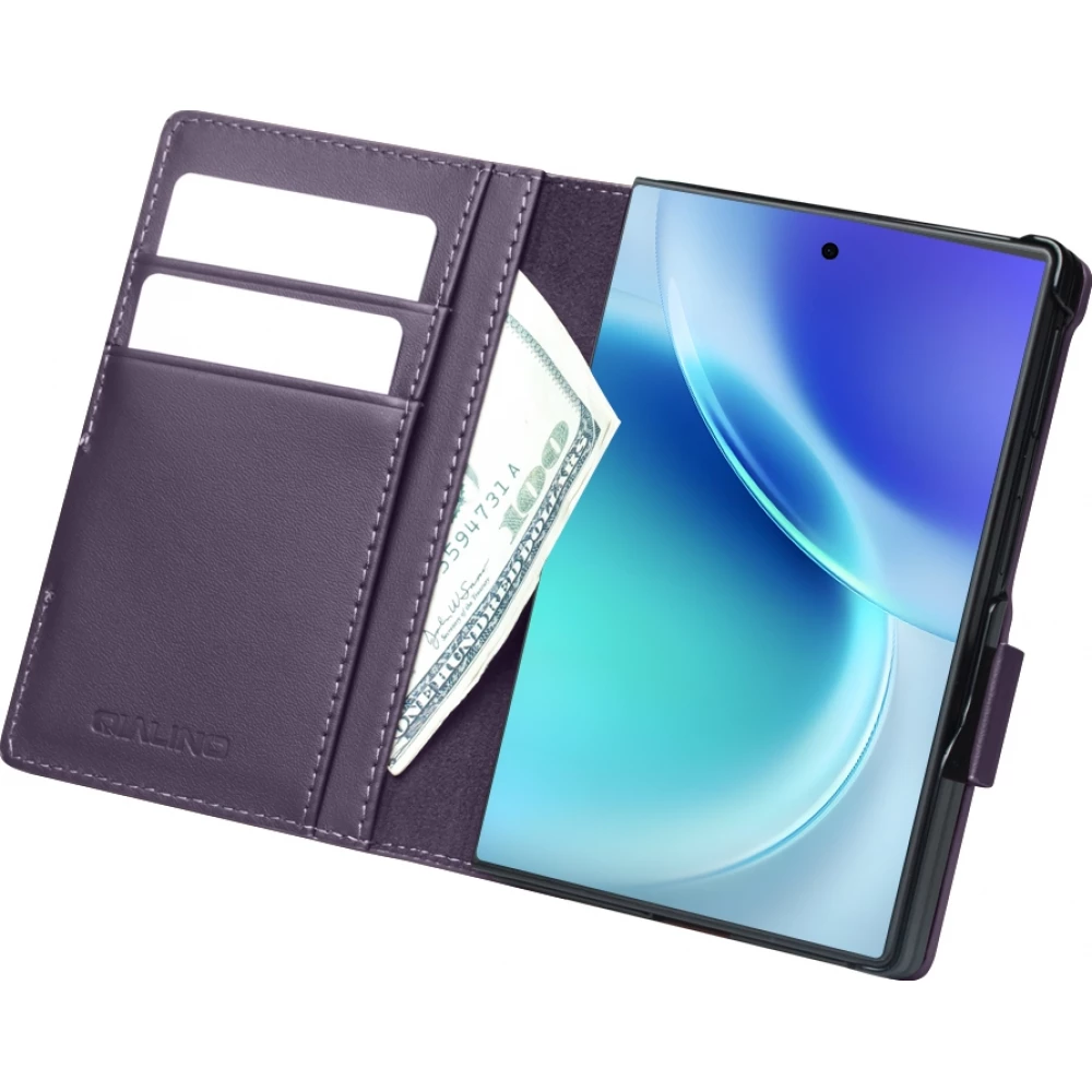 Coque Samsung Galaxy Z Fold8 Wide - Flip Qialino Full grain Wallet cuir v&eacute;ritable mat avec fermeture magn&eacute;tique - Violet