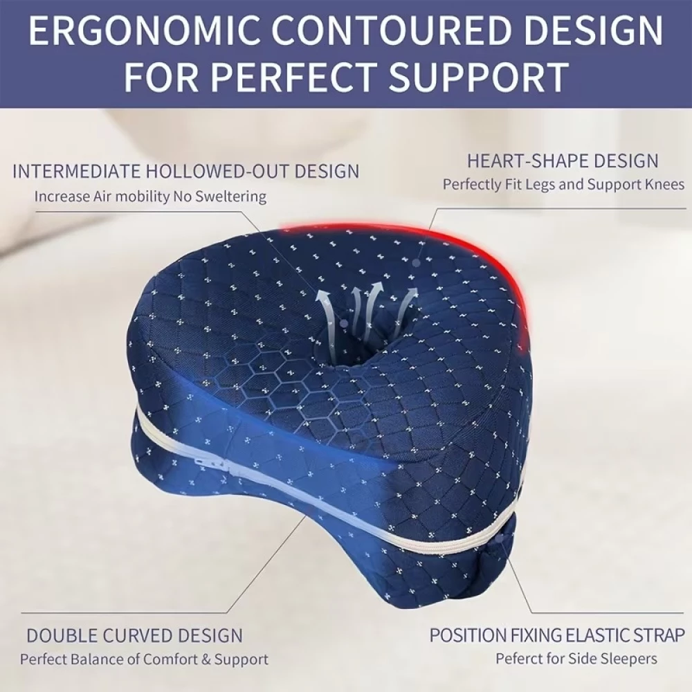 Coussin de jambe ergonomique &agrave; m&eacute;moire de forme avec sangle oreiller de genou pour dormeurs lat&eacute;raux housse lavable - Blanc