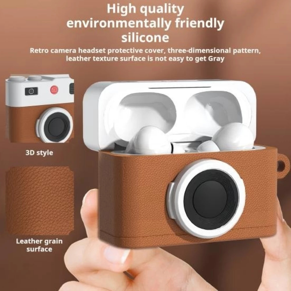 Design appareil photo vintage avec mousqueton en silicone - Noir - AirPods 4