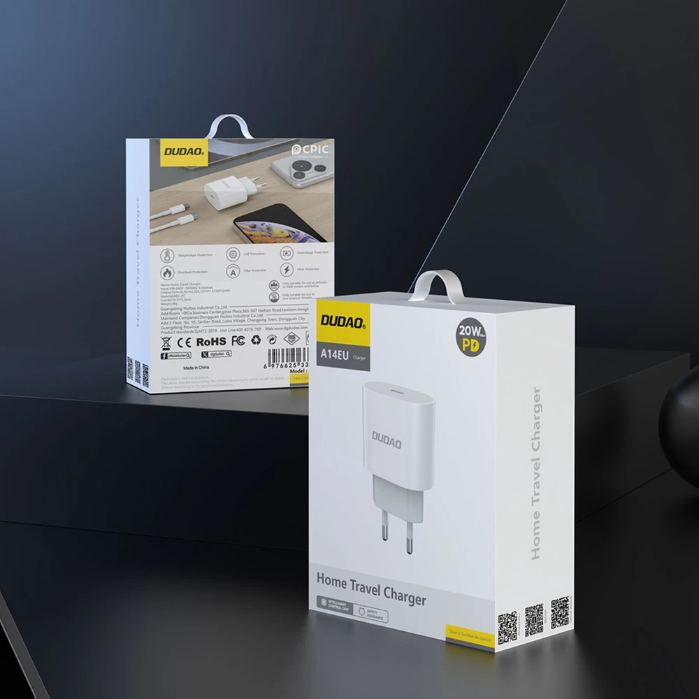 Dudao A14C chargeur mural USB-C PD 20W avec c&acirc;ble (1m USB-C) - Blanc
