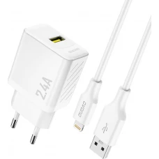 Dudao A23L 2.4A chargeur mural USB-A GaN avec c&acirc;ble USB-A vers Lightning - Blanc
