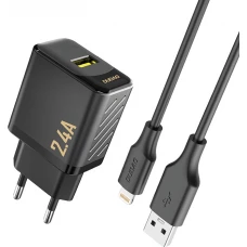 Dudao A23L 2.4A chargeur mural USB-A GaN avec c&acirc;ble USB-A vers Lightning - Noir