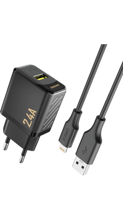 Dudao A23L 2.4A chargeur mural USB-A GaN avec c&acirc;ble USB-A vers Lightning - Noir