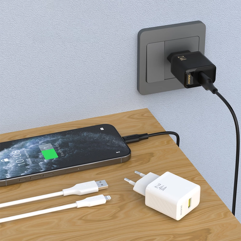 Dudao A23L 2.4A chargeur mural USB-A GaN avec c&acirc;ble USB-A vers Lightning - Noir