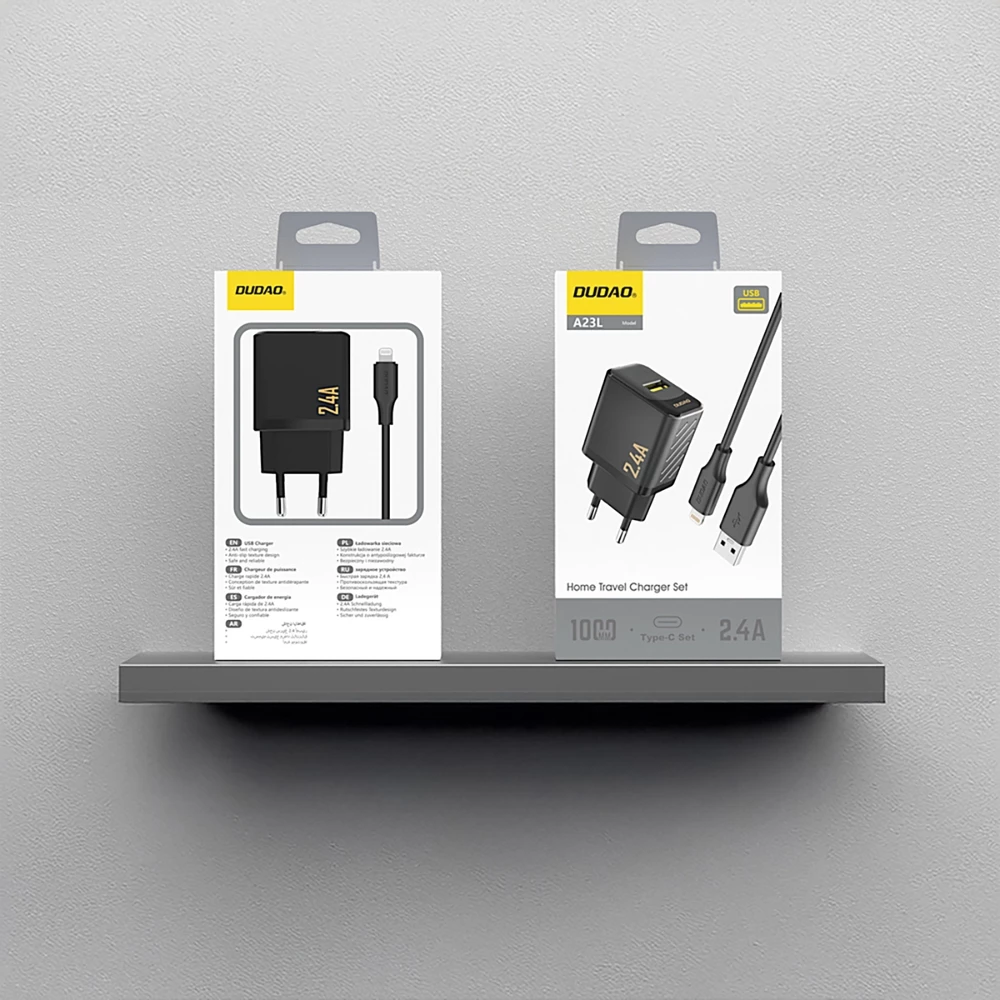Dudao A23L 2.4A chargeur mural USB-A GaN avec c&acirc;ble USB-A vers Lightning - Noir
