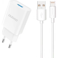 Dudao A4EUL chargeur mural USB-A 2.1A avec c&acirc;ble Lightning pour iPhone et appareils compatibles - Blanc