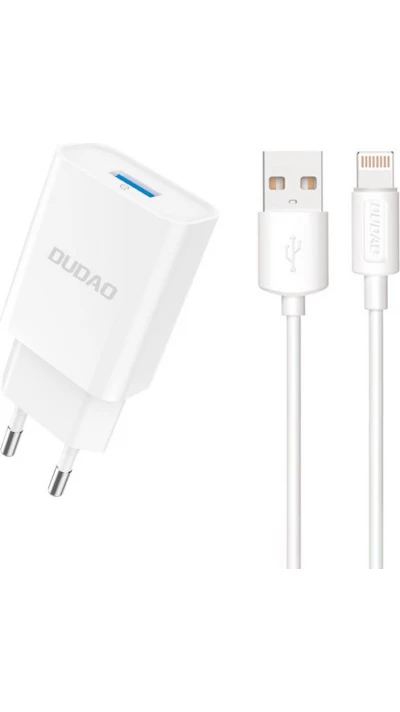 Dudao A4EUL chargeur mural USB-A 2.1A avec c&acirc;ble Lightning pour iPhone et appareils compatibles - Blanc