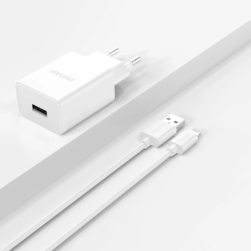 Dudao A4EUL chargeur mural USB-A 2.1A avec c&acirc;ble Lightning pour iPhone et appareils compatibles - Blanc