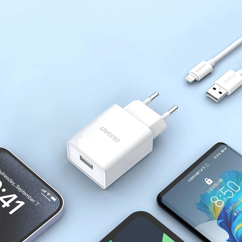 Dudao A4EUL chargeur mural USB-A 2.1A avec c&acirc;ble Lightning pour iPhone et appareils compatibles - Blanc