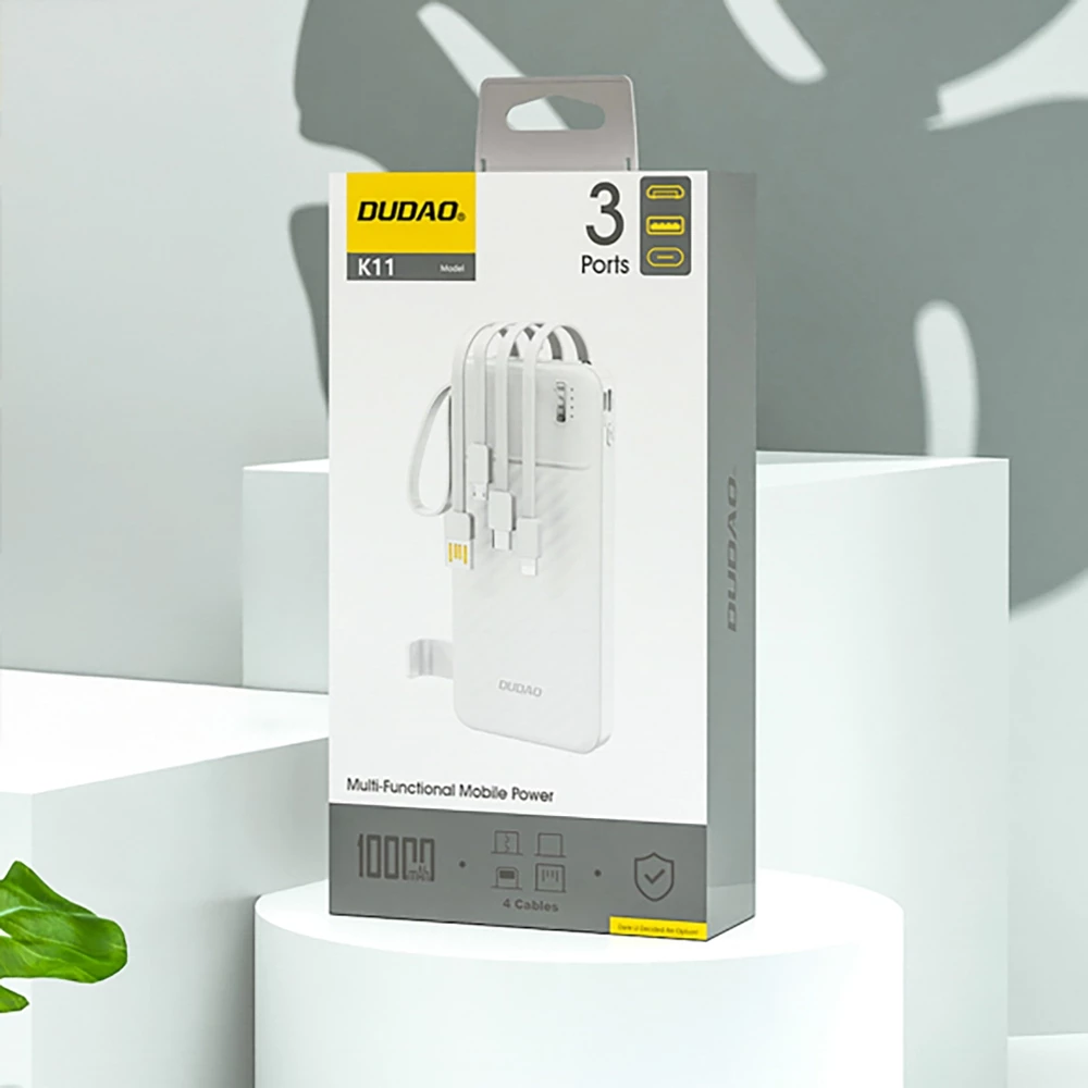 Dudao K11 batterie externe 10000mAh avec câbles intégrés Powerbank portable - Blanc