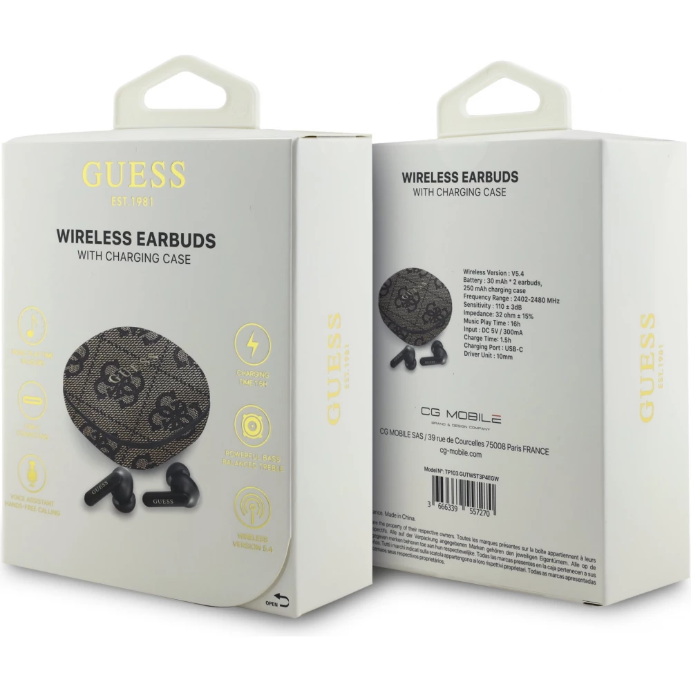 Bluetooth Kopfh&ouml;rer Guess PU 4G Script Logo ENC TWS mit Sprachassistent und 16h Akkulaufzeit - Braun