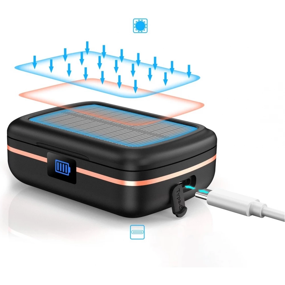 &Eacute;couteurs Bluetooth TWS &eacute;tanches avec panneau solaire et batterie externe 2500mAh BH-T05 - Noir