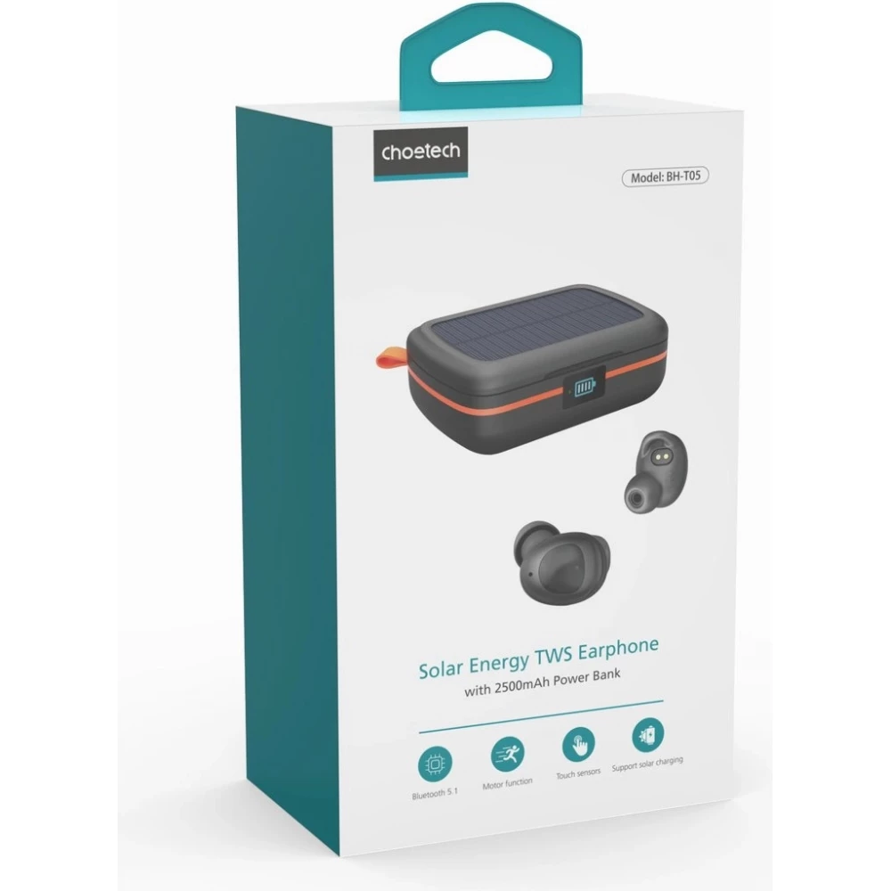 &Eacute;couteurs Bluetooth TWS &eacute;tanches avec panneau solaire et batterie externe 2500mAh BH-T05 - Noir