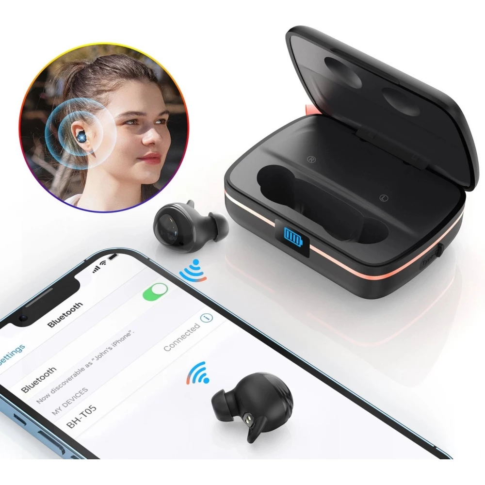 &Eacute;couteurs Bluetooth TWS &eacute;tanches avec panneau solaire et batterie externe 2500mAh BH-T05 - Noir