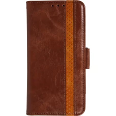 Etui cuir iPhone Air - Flip Wallet en cuir véritable avec stripe design et compartiment à cartes - Brun foncé