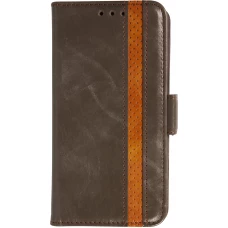 Etui cuir iPhone Air - Flip Wallet en cuir véritable avec stripe design et compartiment à cartes - Gris