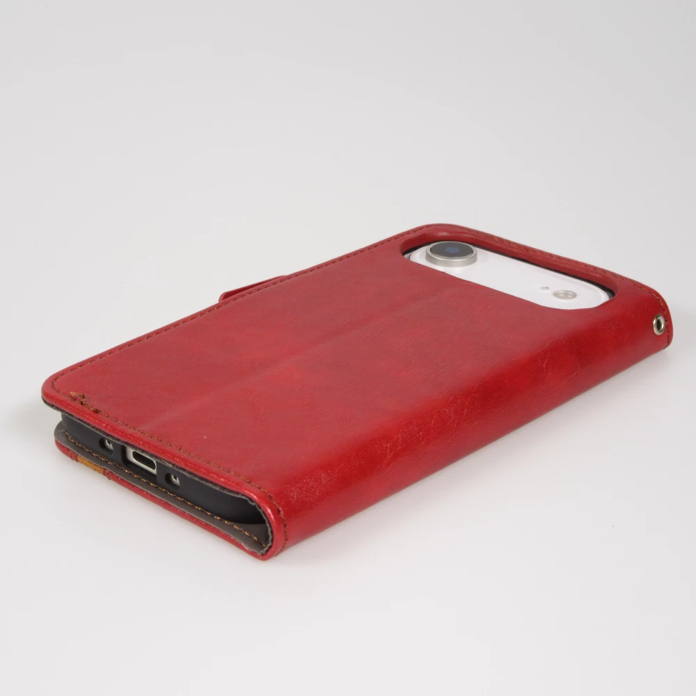 Etui cuir iPhone Air - Flip Wallet en cuir véritable avec stripe design et compartiment à cartes - Rouge