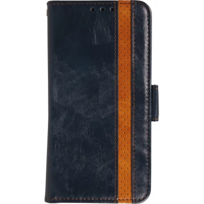 Etui cuir iPhone 17 - Flip Wallet en cuir véritable avec stripe design et compartiment à cartes - Bleu