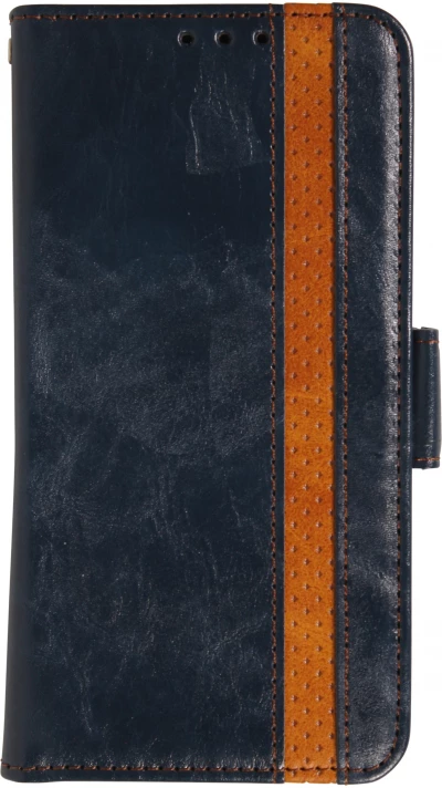 Etui cuir iPhone 17 - Flip Wallet en cuir véritable avec stripe design et compartiment à cartes - Bleu