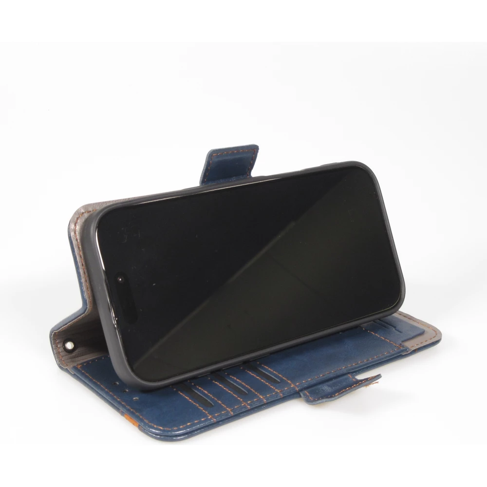 Etui cuir iPhone 17 - Flip Wallet en cuir véritable avec stripe design et compartiment à cartes - Bleu
