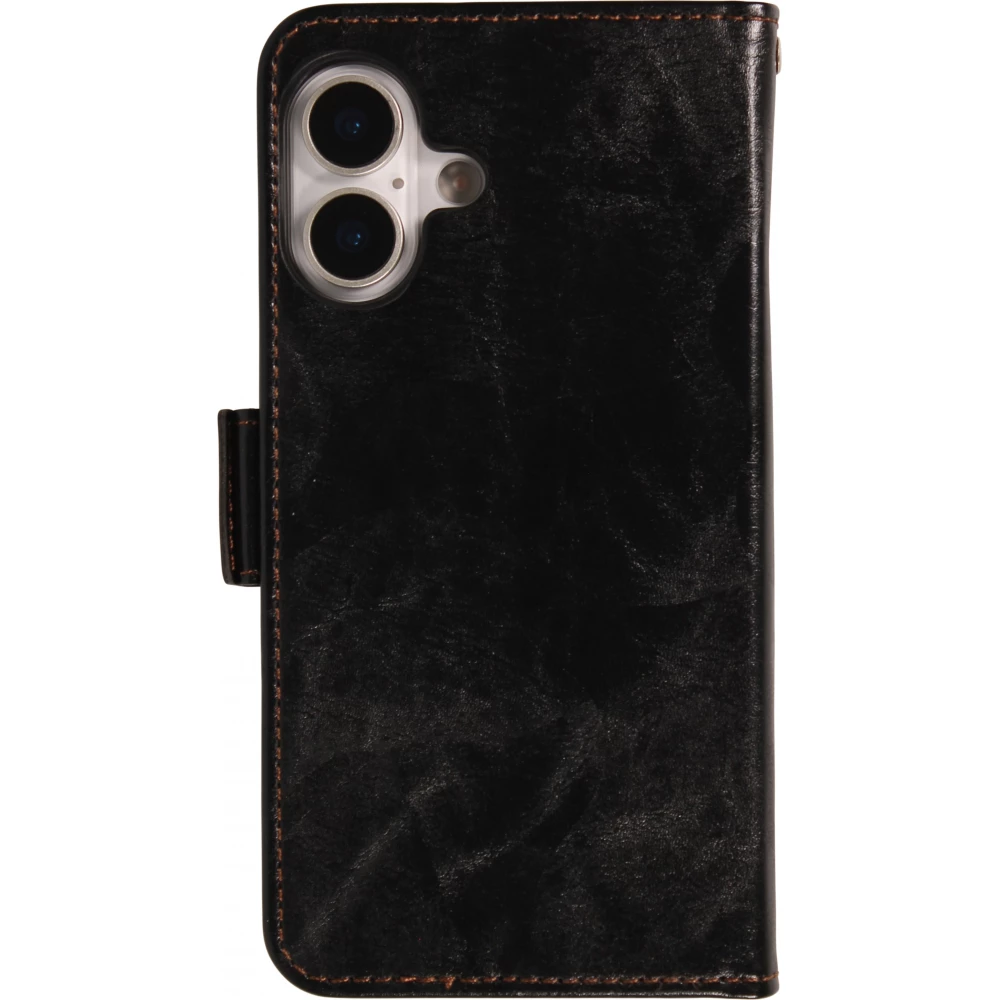 Etui cuir iPhone 17 - Flip Wallet en cuir véritable avec stripe design et compartiment à cartes - Noir